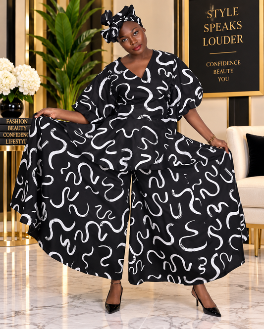 Black & White Abstract Wide-Leg Pant Set