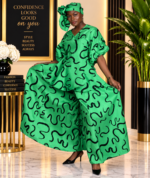 Emerald Elegance Abstract Wide-Leg Pant Set