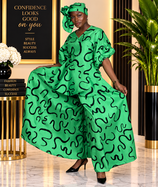 Emerald Elegance Abstract Wide-Leg Pant Set