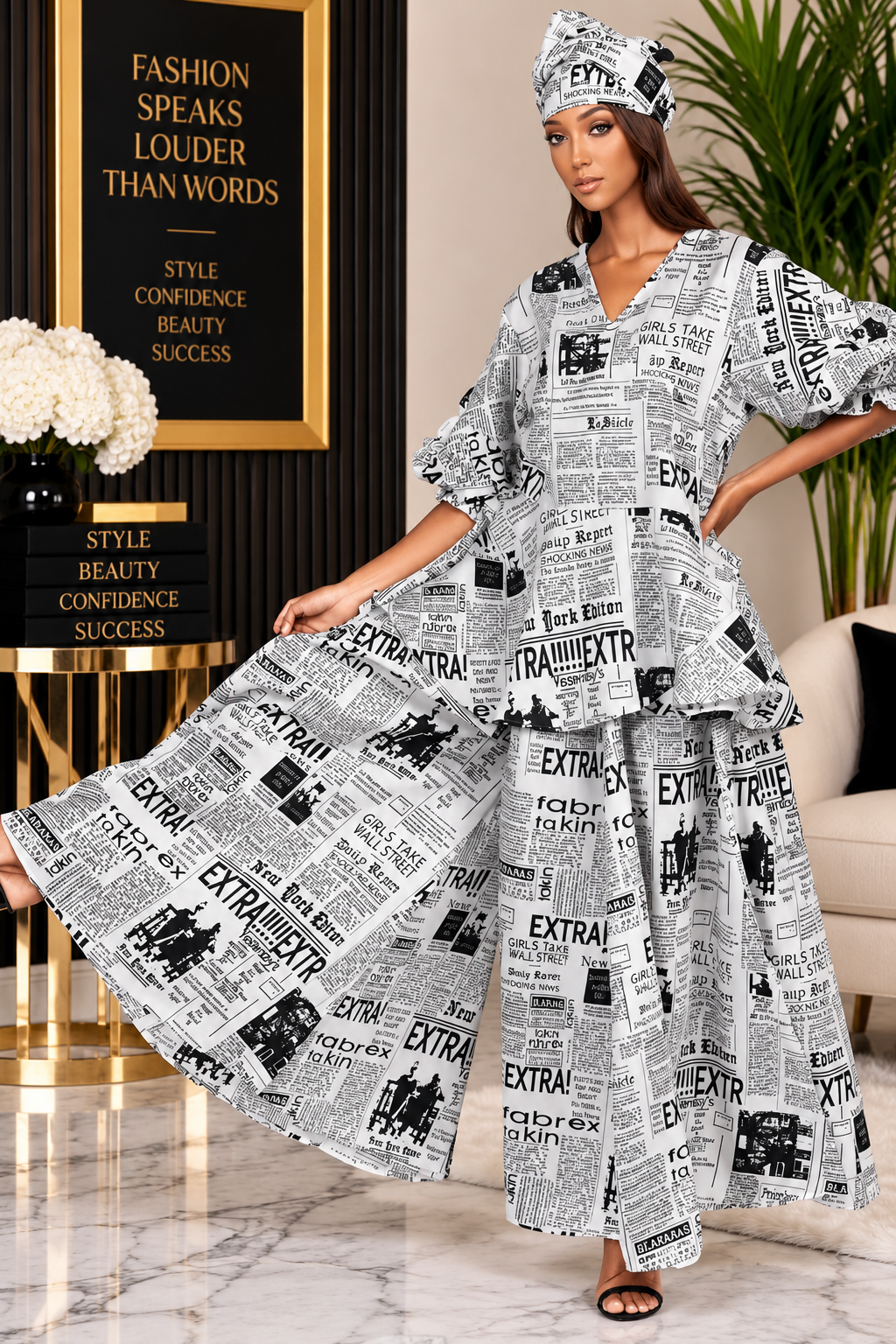 Headline Chic Newspaper Print Wide-Leg Pant Set