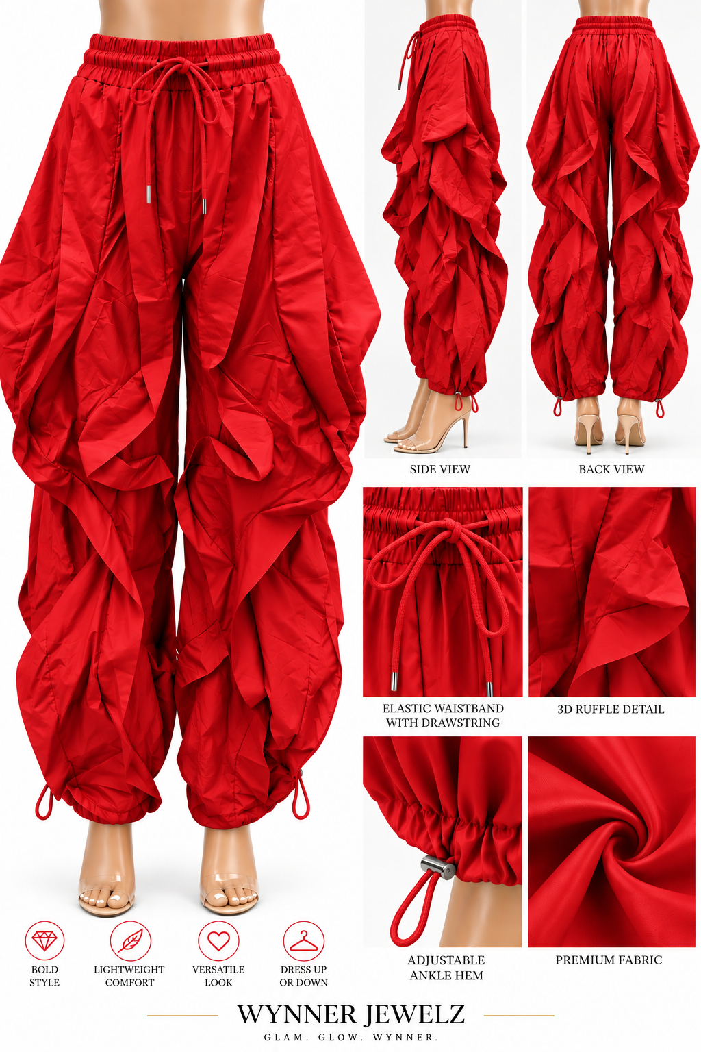 3D Sculptural Ruffle Harem Pants – Red