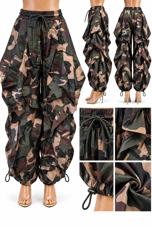 3D Sculptural Ruffle Harem Pants – Camouflage