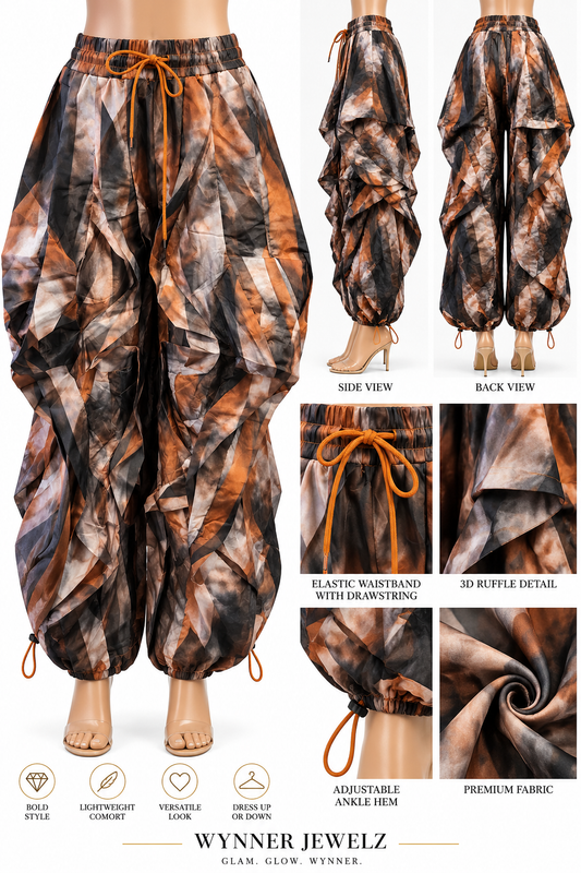 Abstract Earth-Tone 3D Sculptural Ruffle Harem Pants
