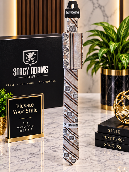 Stacy Adams Beige, Brown & Black Medallion Tie & Pocket Square Set
