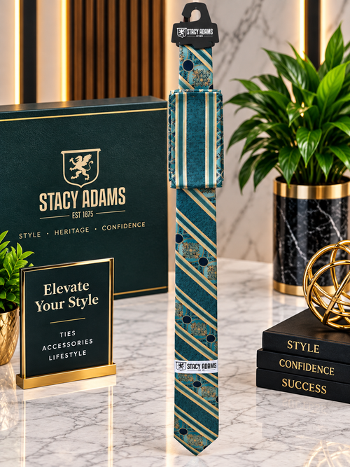 Stacy Adams Teal & Gold Medallion Stripe Tie & Pocket Square Set