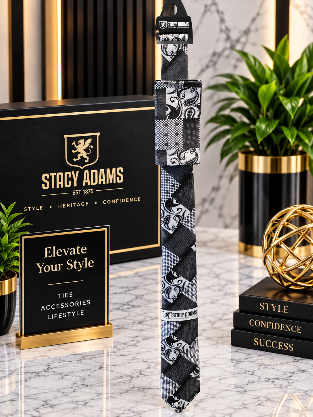 Stacy Adams Black & White Patchwork Paisley Tie & Pocket Square Set