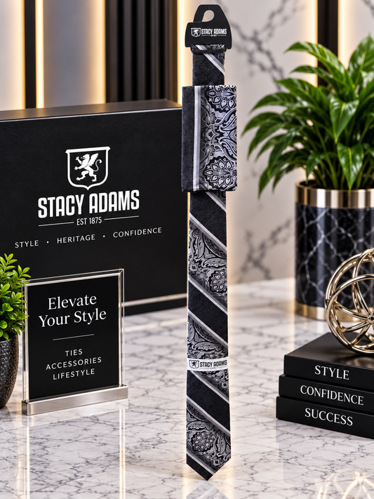 Stacy Adams Black, Silver & Gray Paisley Tie & Pocket Square Set