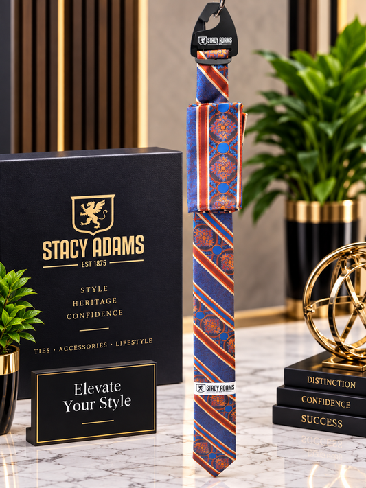 Stacy Adams Blue & Burnt Orange Medallion Tie & Pocket Square Set