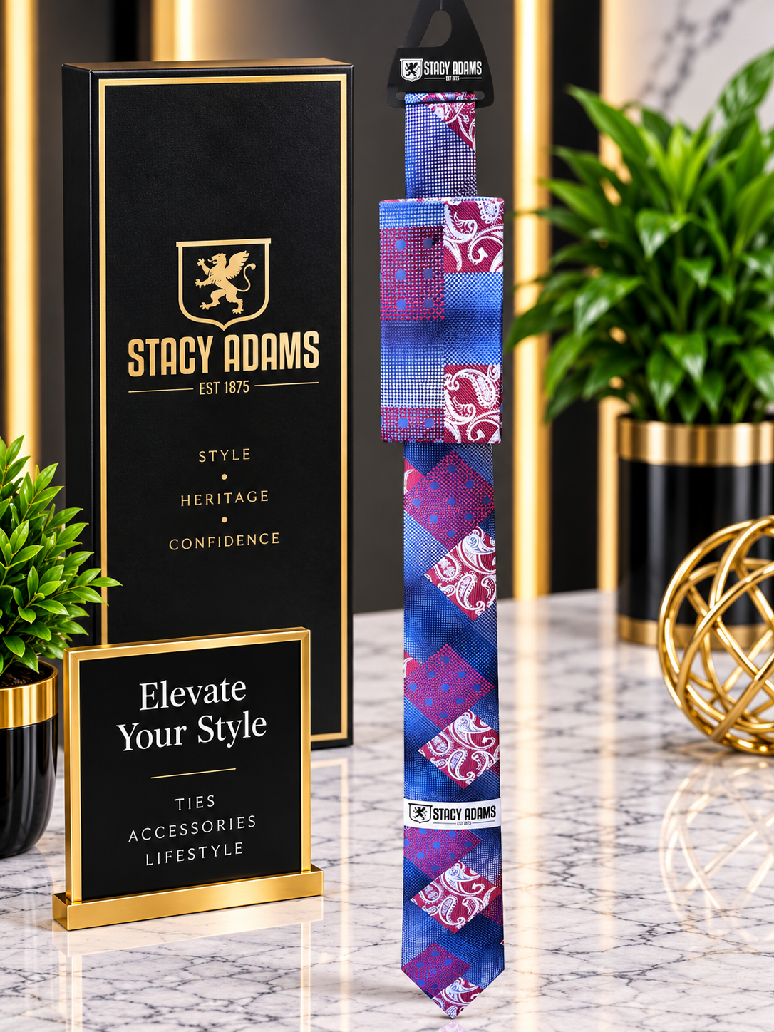 Stacy Adams Navy Blue & Burgundy Tie & Pocket Square Set