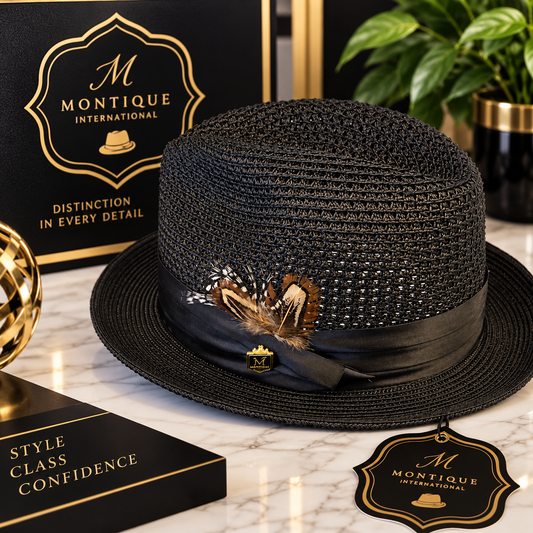 Montique International Men’s Black Woven Fedora with Feather Accent