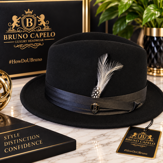 Bruno Capelo Luxury Men’s Black Fedora with Feather Accent