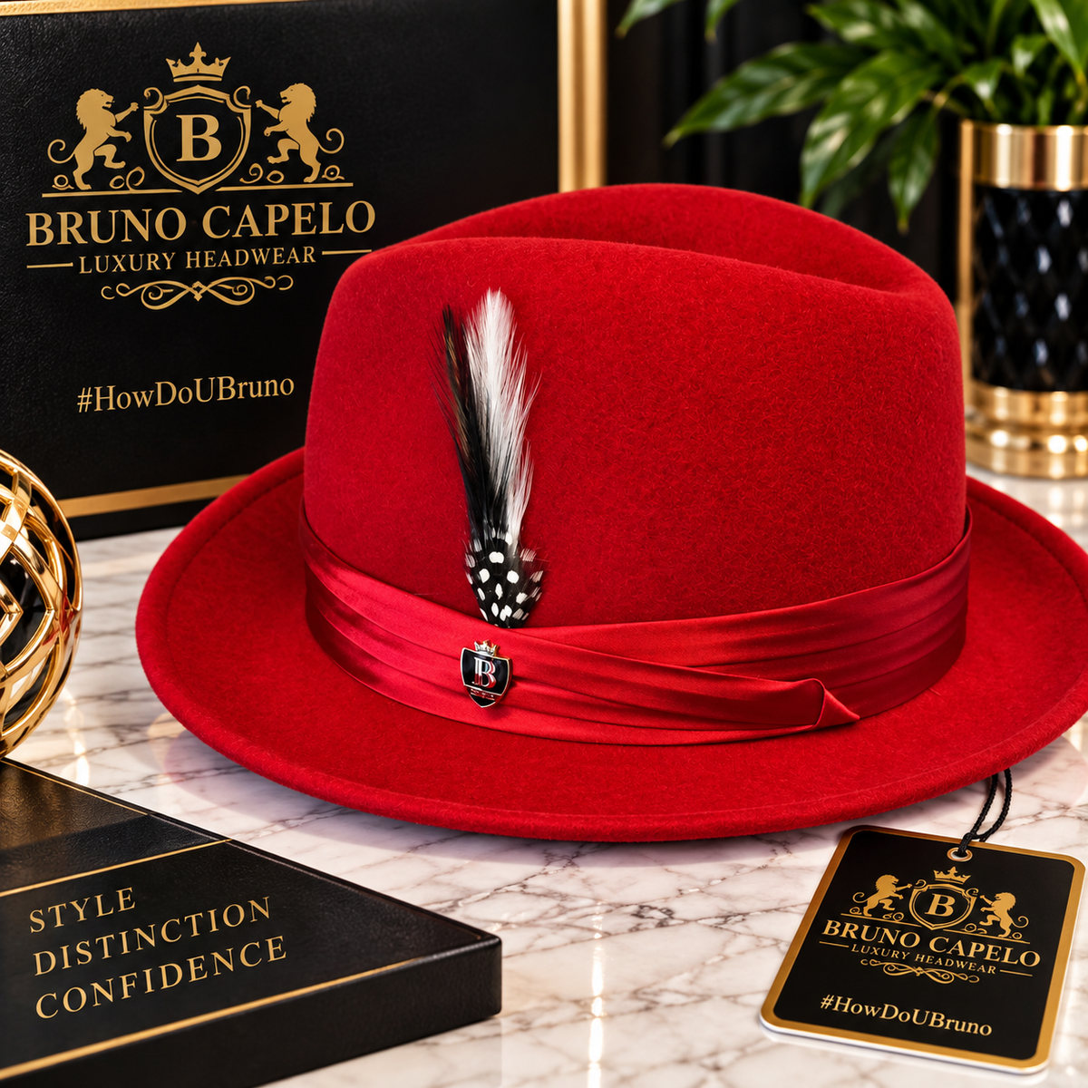 Bruno Capelo Luxury Men’s Red Fedora with Feather Accent