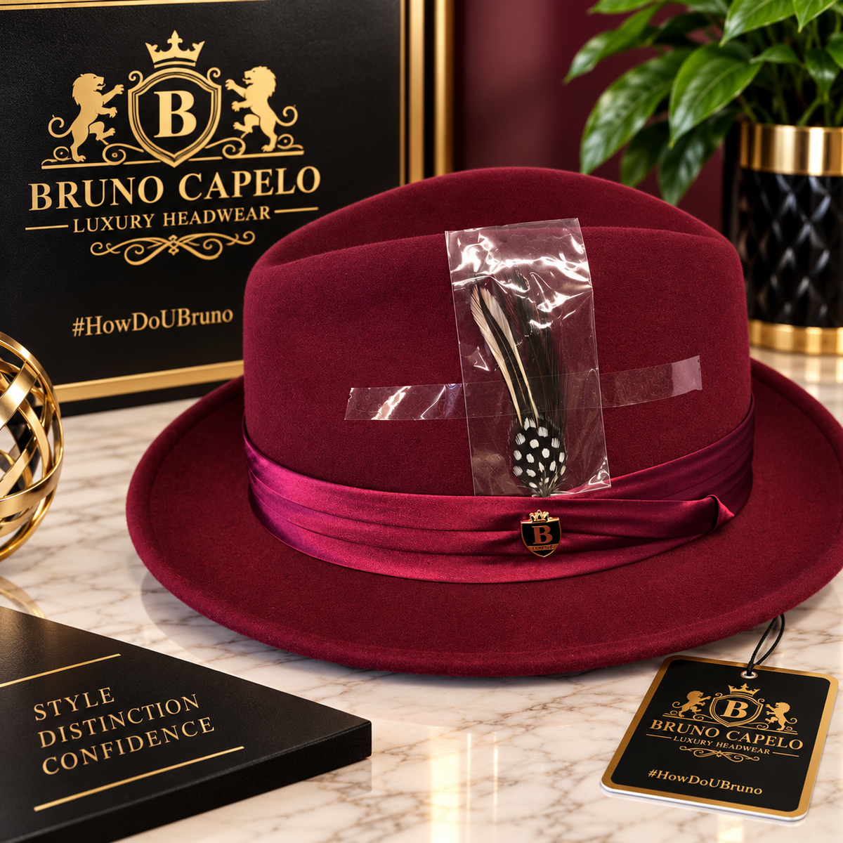 Bruno Capelo Luxury Men’s Burgundy Fedora with Feather Accent