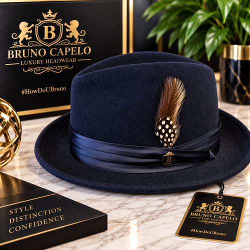 Bruno Capelo Luxury Men’s Navy Blue Fedora with Feather Accent