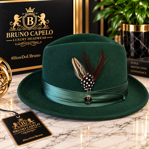 Bruno Capelo Luxury Men’s Hunter Green Fedora with Feather Accent