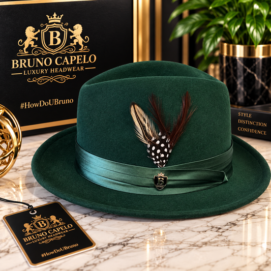 Bruno Capelo Luxury Men’s Hunter Green Fedora with Feather Accent