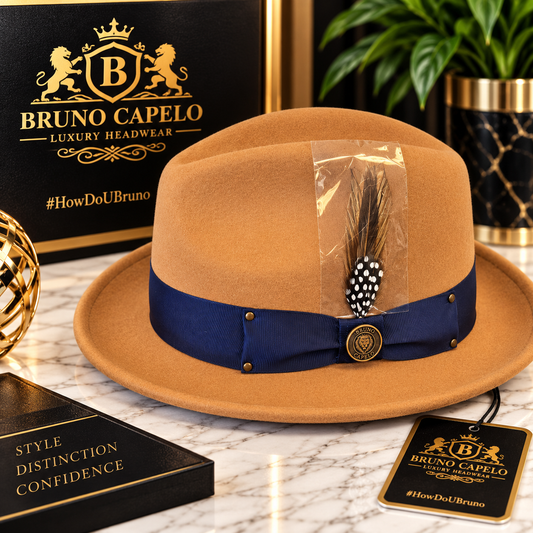 Bruno Capelo Luxury Men’s Camel Fedora with Navy Band