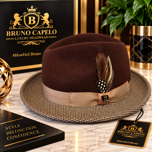Bruno Capelo Luxury Men’s Chocolate Brown Fedora with Houndstooth Brim