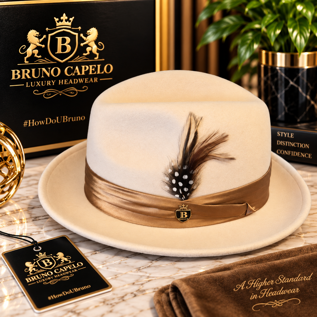Bruno Capelo Luxury Men’s Ivory Fedora with Bronze Satin Band