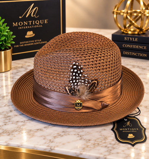 Montique International Men’s Brown Woven Fedora with Feather Accent