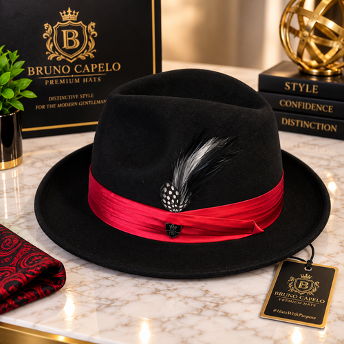 Bruno Capelo Men’s Luxury Black Fedora with Red Band & Feather Accent