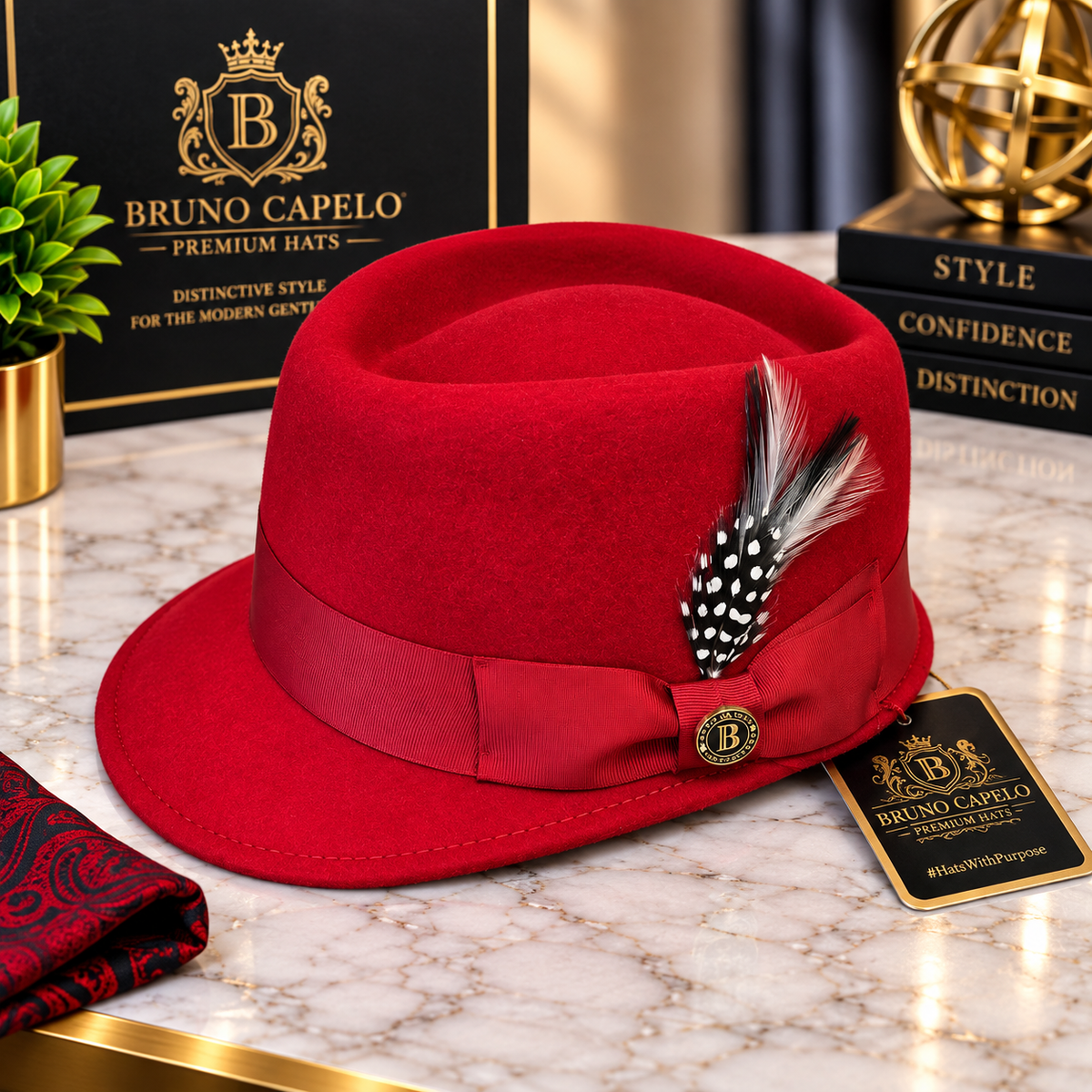 Bruno Capelo Men’s Luxury Red Fedora with Feather Accent