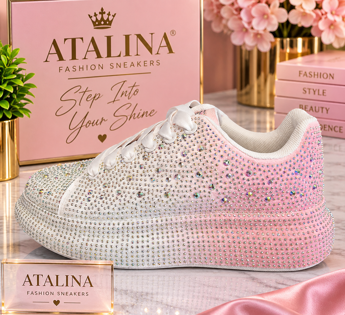 Atalina Pink & White Crystal Glam Platform Sneaker