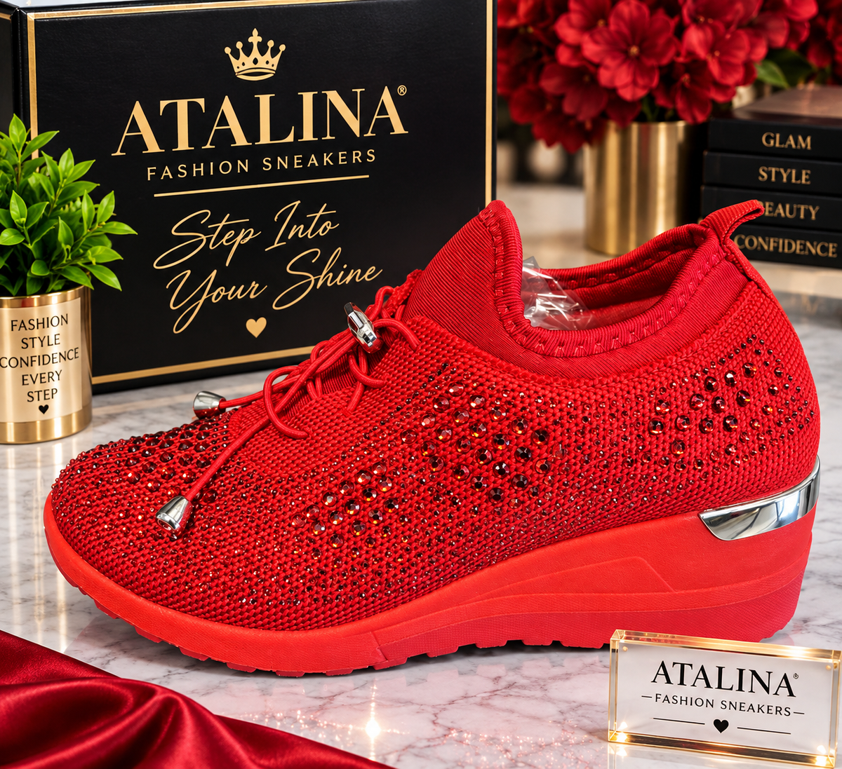 Atalina Red Rhinestone Glam Wedge Sneaker
