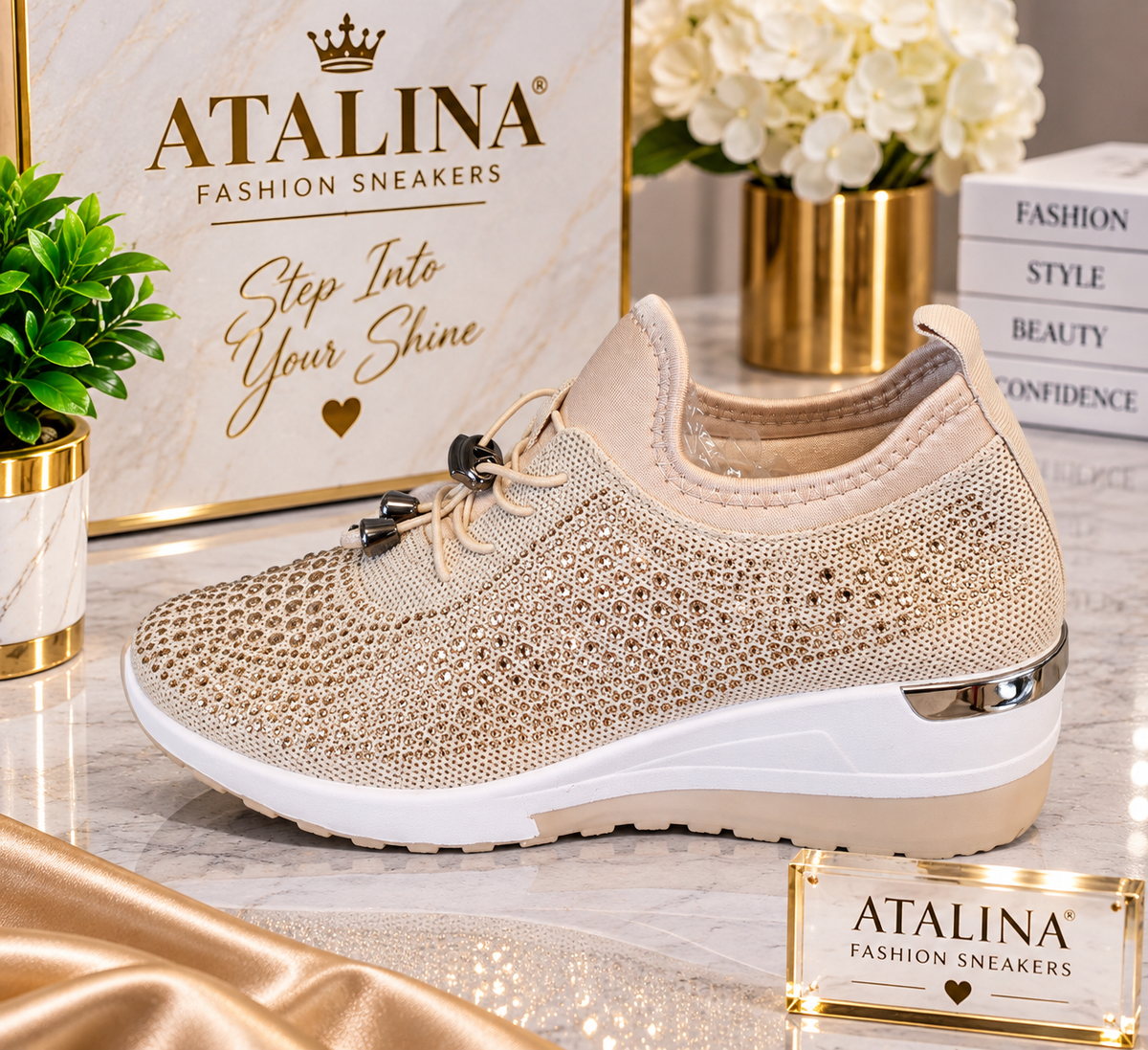 Atalina Champagne Rhinestone Wedge Sneaker