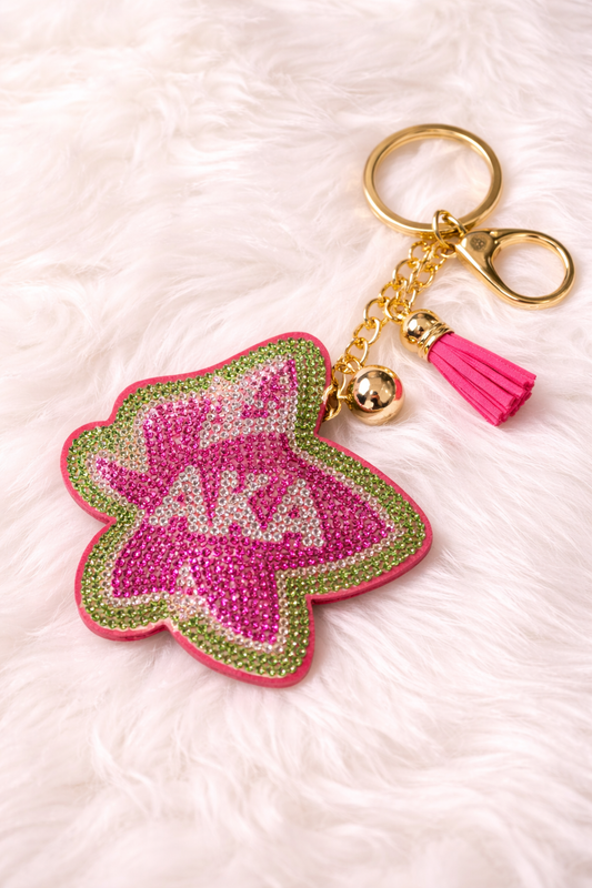 Alpha Kappa Alpha Ivy Leaf Rhinestone Keychain – Pink & Green Glam