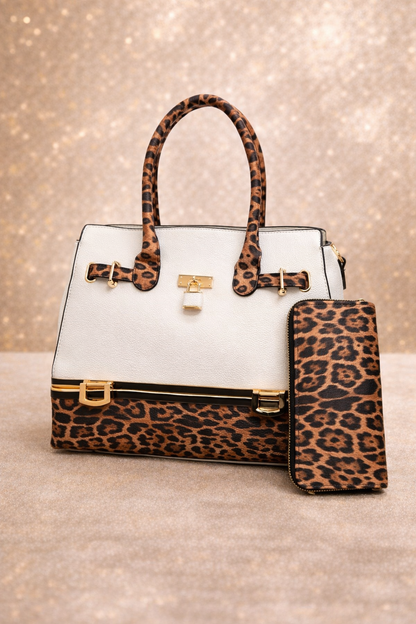 Glam Lock Leopard Luxe Satchel – White Edition