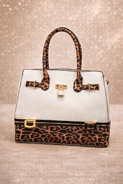 Glam Lock Leopard Luxe Satchel – White Edition