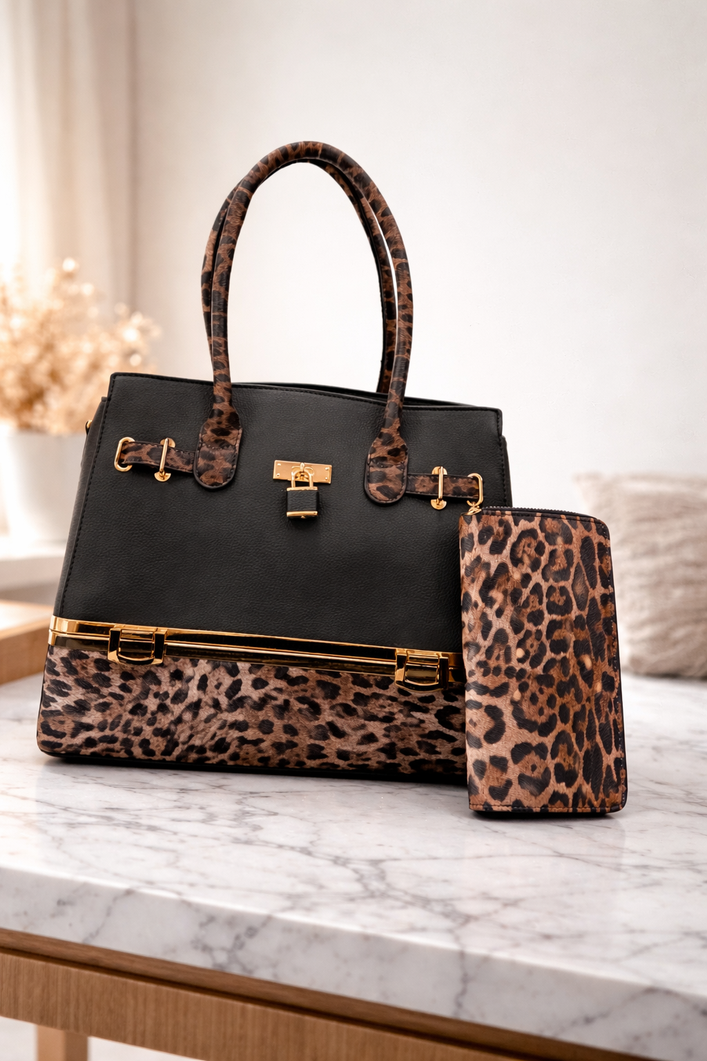 Leopard Luxe Structured Handbag & Wallet Set