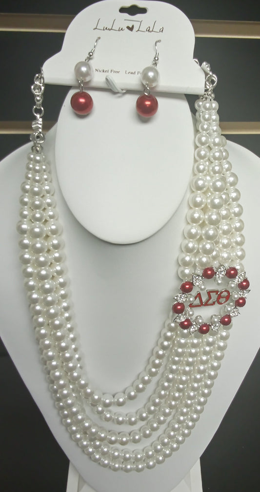 Delta Sigma Theta Red White Pearl Necklace Set
