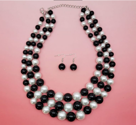 Faux Three Multi-Strand Pearl Necklace (Black + White)