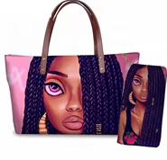 Black Art African Girls Printed Purse Sets Bags Women Hand Bags Ladies Handbags and Purses 2pcs