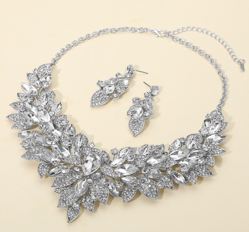 Silver Marquise Glass Stone Cluster Embellished Statement Necklace