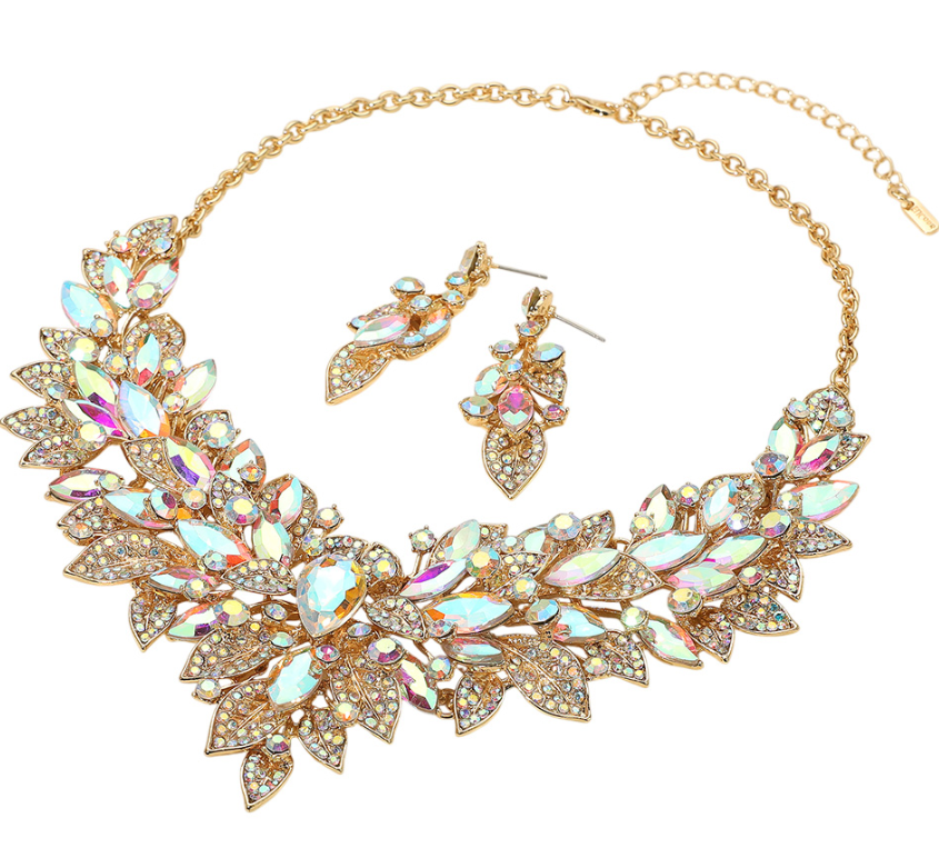 Gold Marquise Glass Stone Cluster Embellished Statement Necklace
