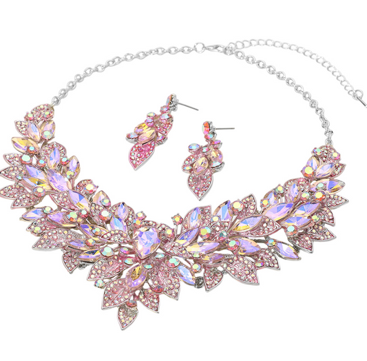 Pink/Silver Marquise Glass Stone Cluster Embellished Statement Necklace