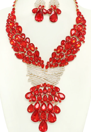 Red Teardrop Crystal Gemstone Rhinestone Cluster Bib Necklace Set