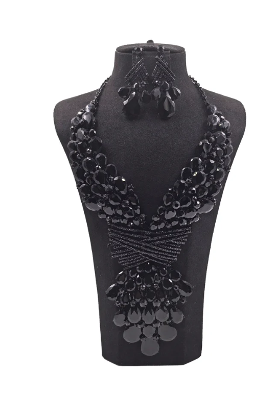 Black Teardrop Crystal Gemstone Rhinestone Cluster Bib Necklace Set