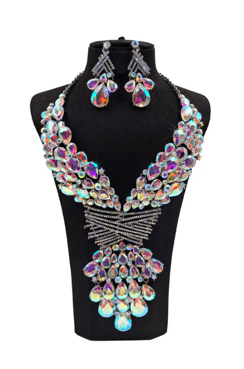 Pink Teardrop Crystal Gemstone Rhinestone Cluster Bib Necklace Set