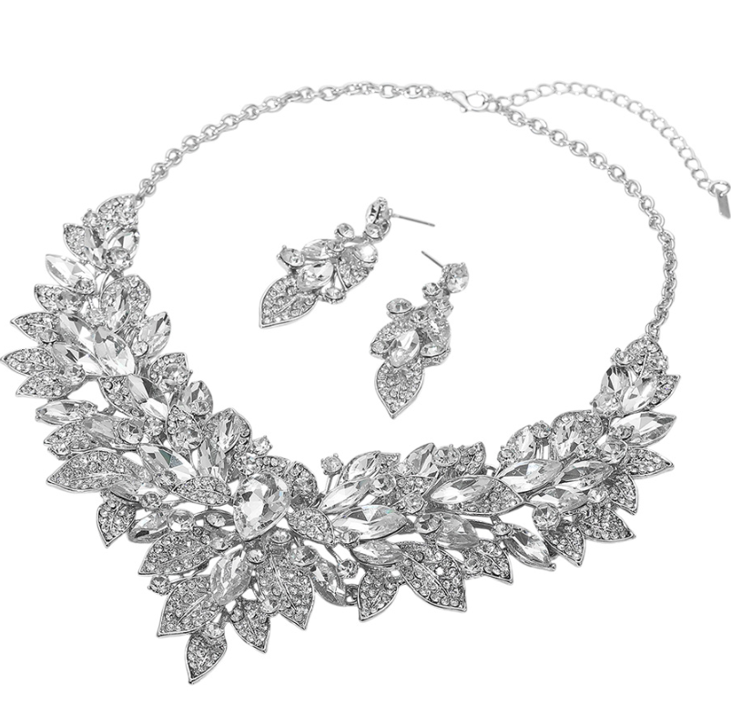 Silver Marquise Glass Stone Cluster Embellished Statement Necklace