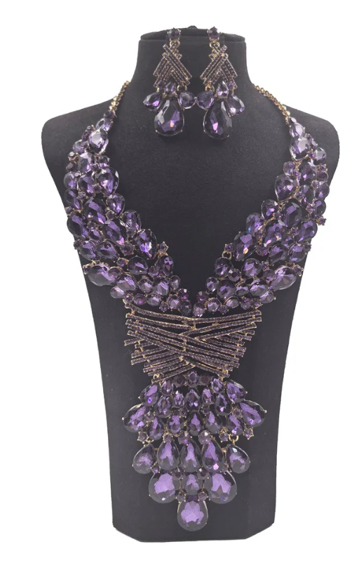 Purple Teardrop Crystal Gemstone Rhinestone Cluster Bib Necklace Set