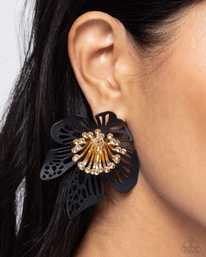 Wonderland Wallflower Black and Gold Flower Earrings