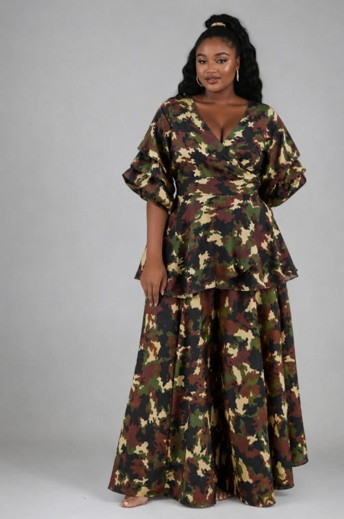 Camouflage Peplum Palazzo Pant Set