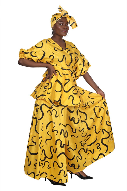 Mustard and Black Abstract-Print Palazzo Pant Set