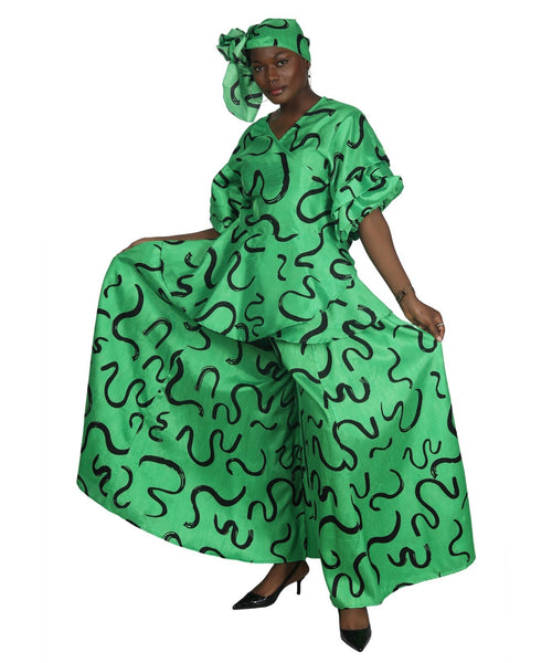 Green and Black Abstract-Print Palazzo Pant Set