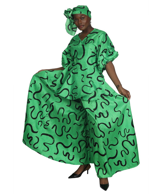 Green and Black Abstract-Print Palazzo Pant Set