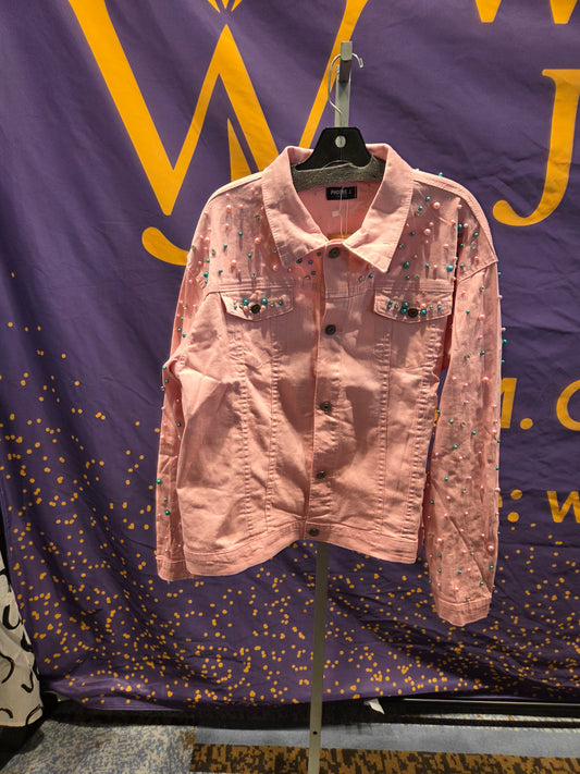 Blush Pink Pearl & Green Embellished Denim Jacket